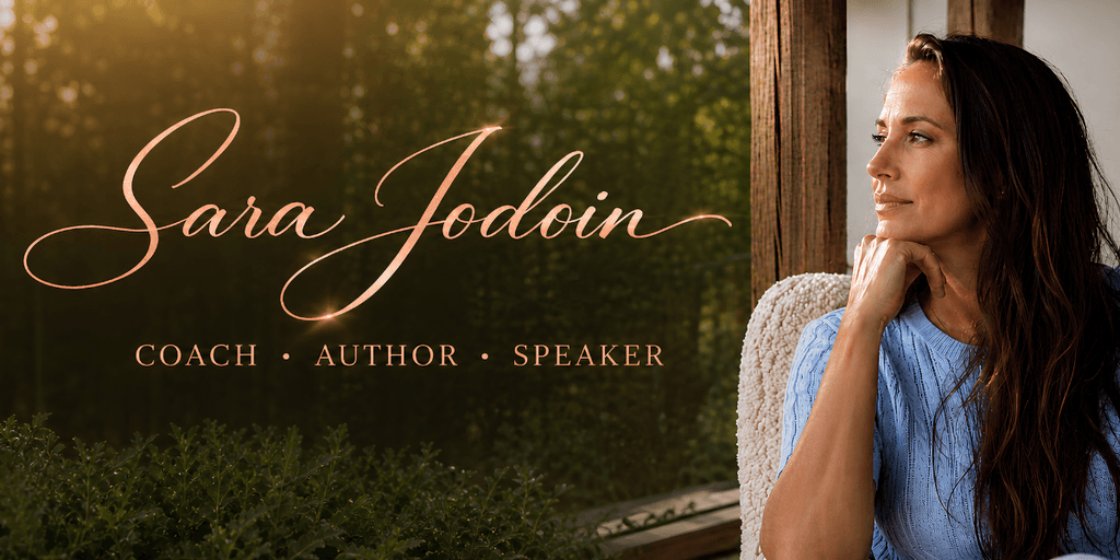 A woman with long hair sits thoughtfully, showcasing her name and profession as coach, author, speaker.