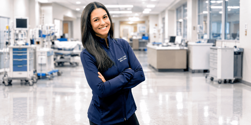 Smiling woman in a hospital setting, arms crossed, wearing a dark jacket.