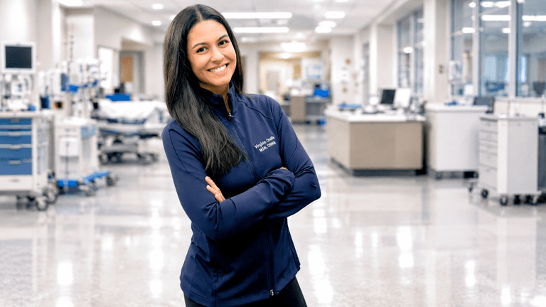 Smiling woman in a hospital setting, arms crossed, wearing a dark jacket.