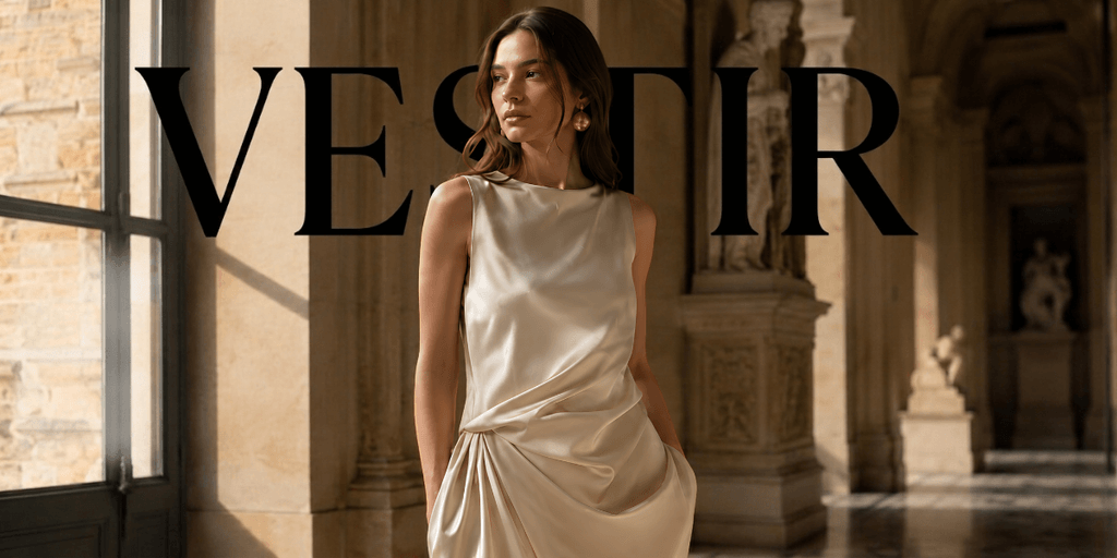 A model in a sleek satin dress poses elegantly in a spacious historic interior