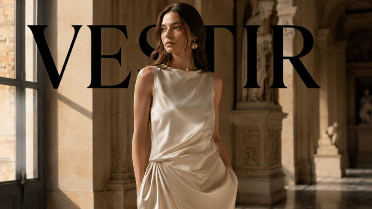 A model in a sleek satin dress poses elegantly in a spacious historic interior