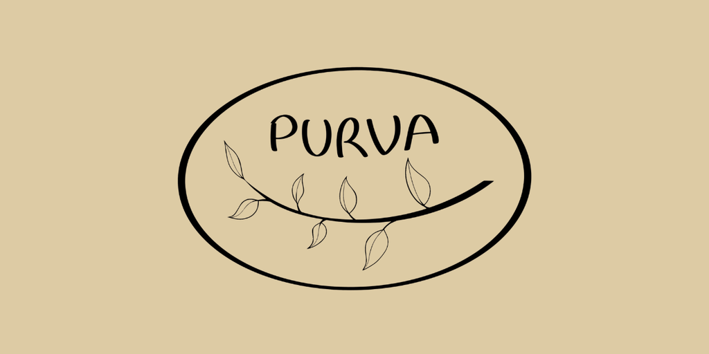 Logo featuring the word "PURVA" with a simple leaf design in a circular frame