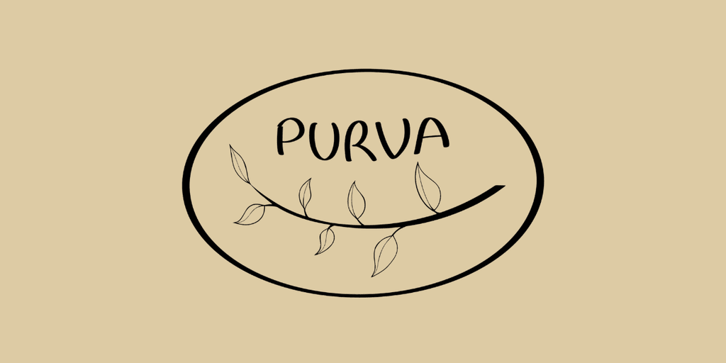 Logo featuring the word "PURVA" with a simple leaf design in a circular frame