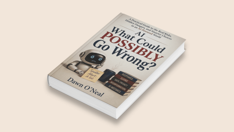 Book titled "AI What Could Possibly Go Wrong?" by Dawn O'Neal featuring a robot illustration