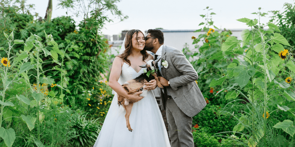 A couple in wedding attire holding a dog, surrounded by a lush garden