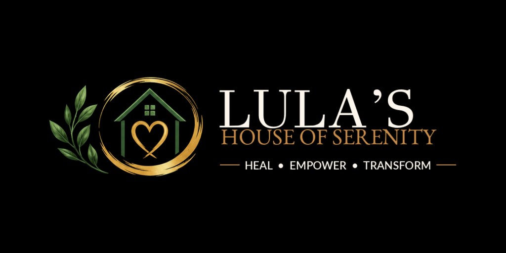 Logo for Lula’s House of Serenity featuring a house icon and the words Heal Empower Transform