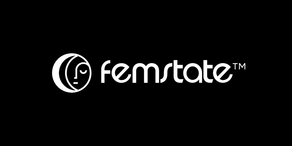Logo for femstate with a stylized face and modern typography on a black background