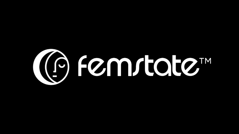 Logo for femstate with a stylized face and modern typography on a black background