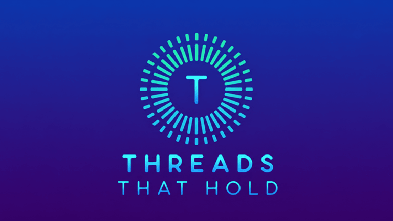 Logo design featuring the letter T and the phrase Threads That Hold with a gradient background