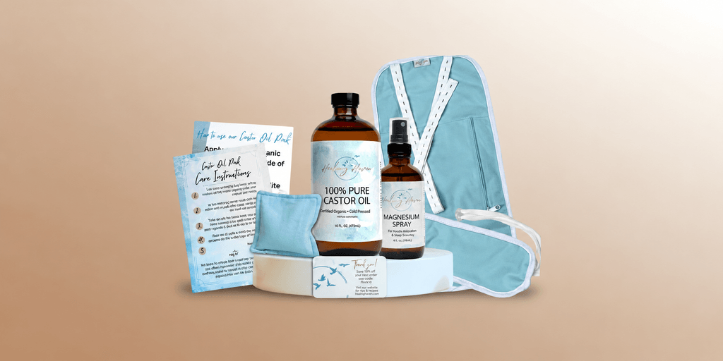 A collection of wellness products including castor oil, magnesium spray, and a heat pack