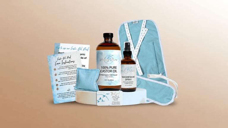 A collection of wellness products including castor oil, magnesium spray, and a heat pack