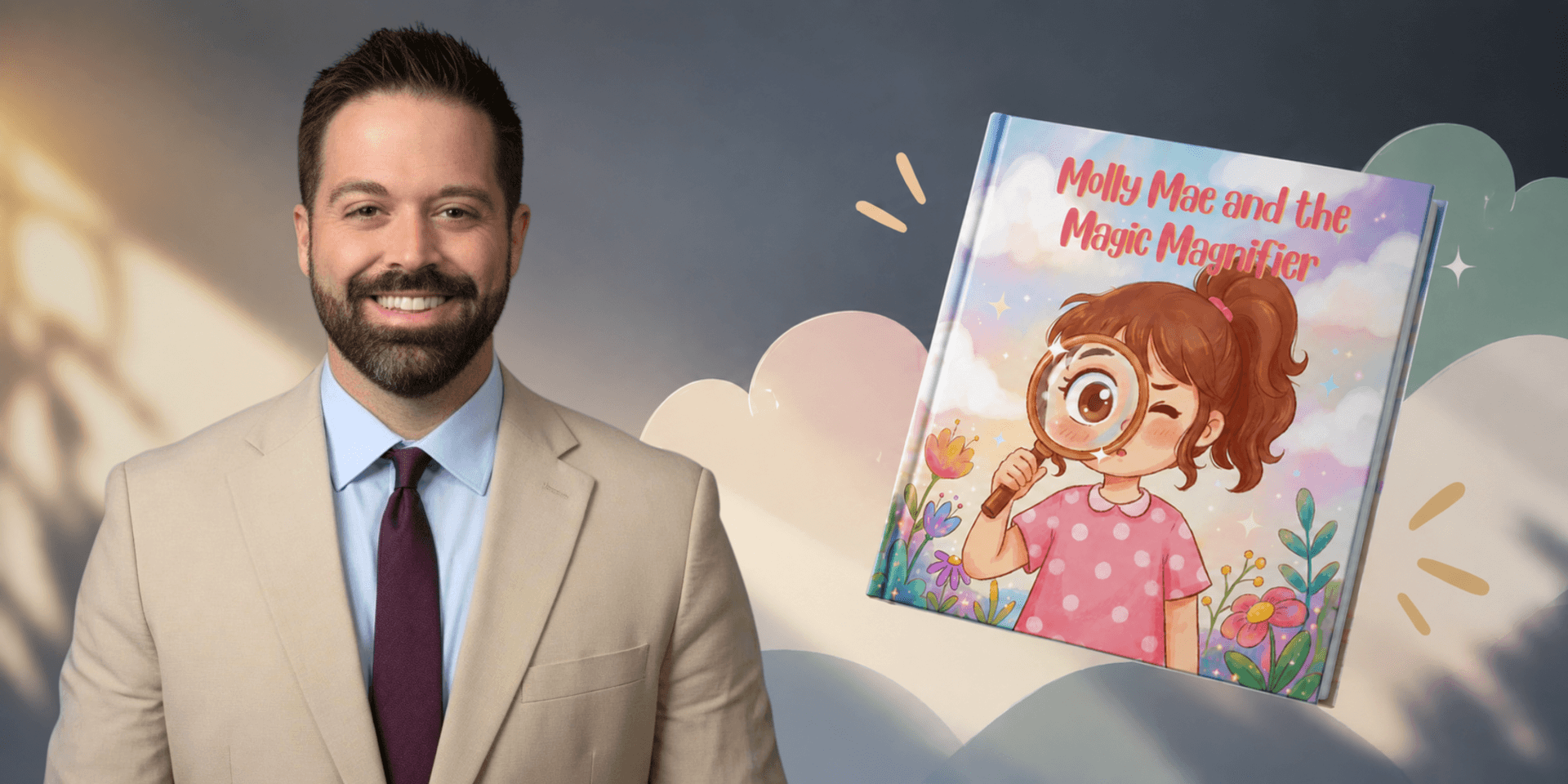 A smiling man in a suit beside the children's book "Molly Mae and the Magic Magnifier"