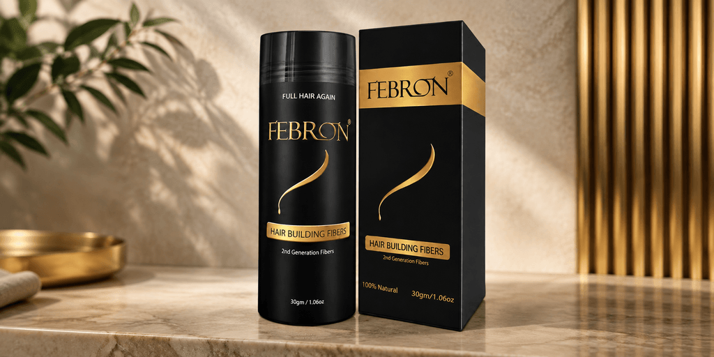 Bottle of Febron Hair Building Fibers on a marble surface with a plant background