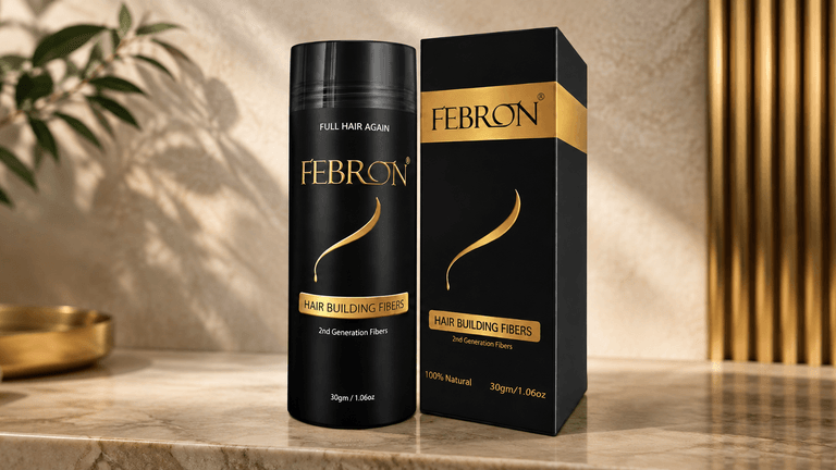Bottle of Febron Hair Building Fibers on a marble surface with a plant background