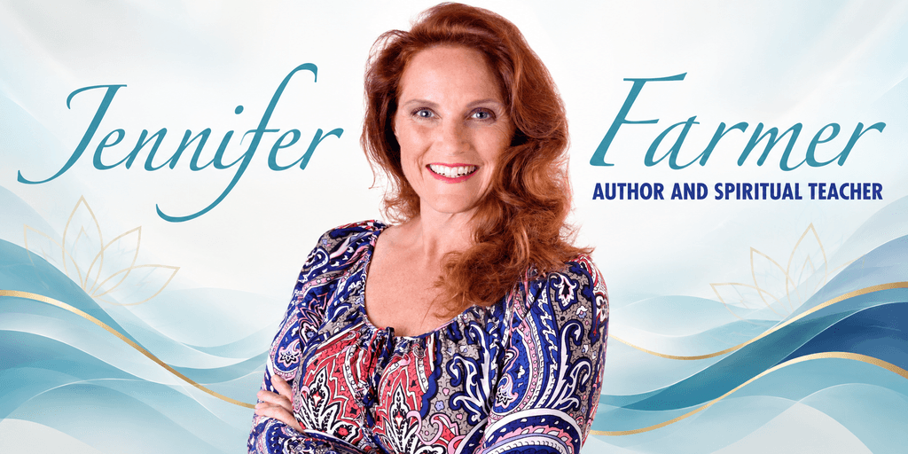 Woman with wavy red hair in a colorful blouse, promoting her author and spiritual teacher brand