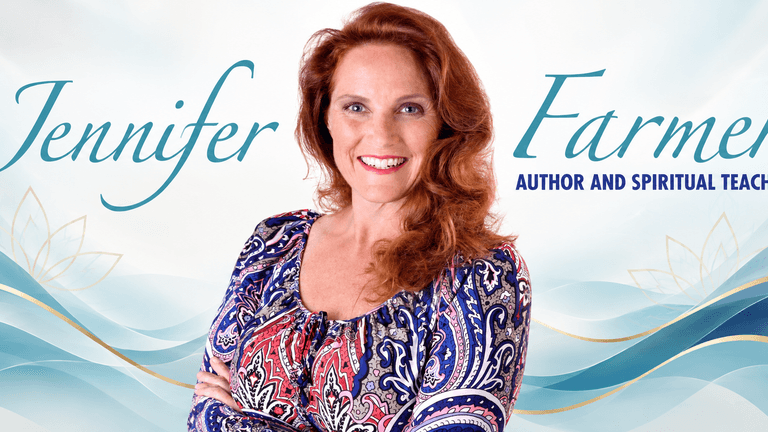 Woman with wavy red hair in a colorful blouse, promoting her author and spiritual teacher brand