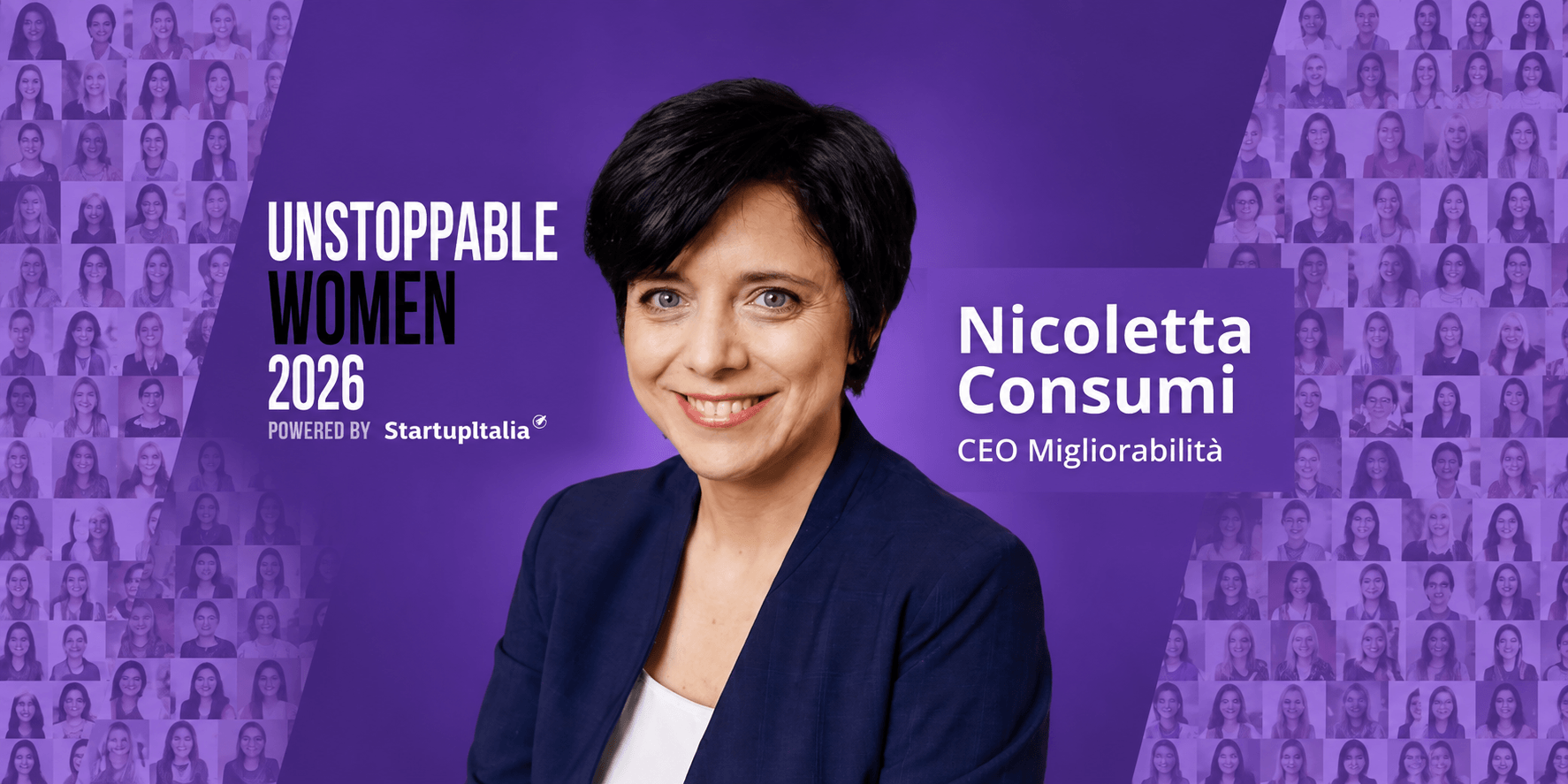 Portrait of Nicoletta Consumi, CEO of Migliorabilità, with a purple background and event details
