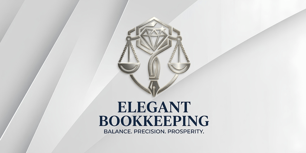 Logo for Elegant Bookkeeping featuring scales, a diamond, and a feather quill.