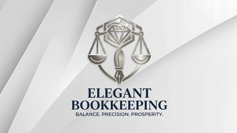 Logo for Elegant Bookkeeping featuring scales, a diamond, and a feather quill.