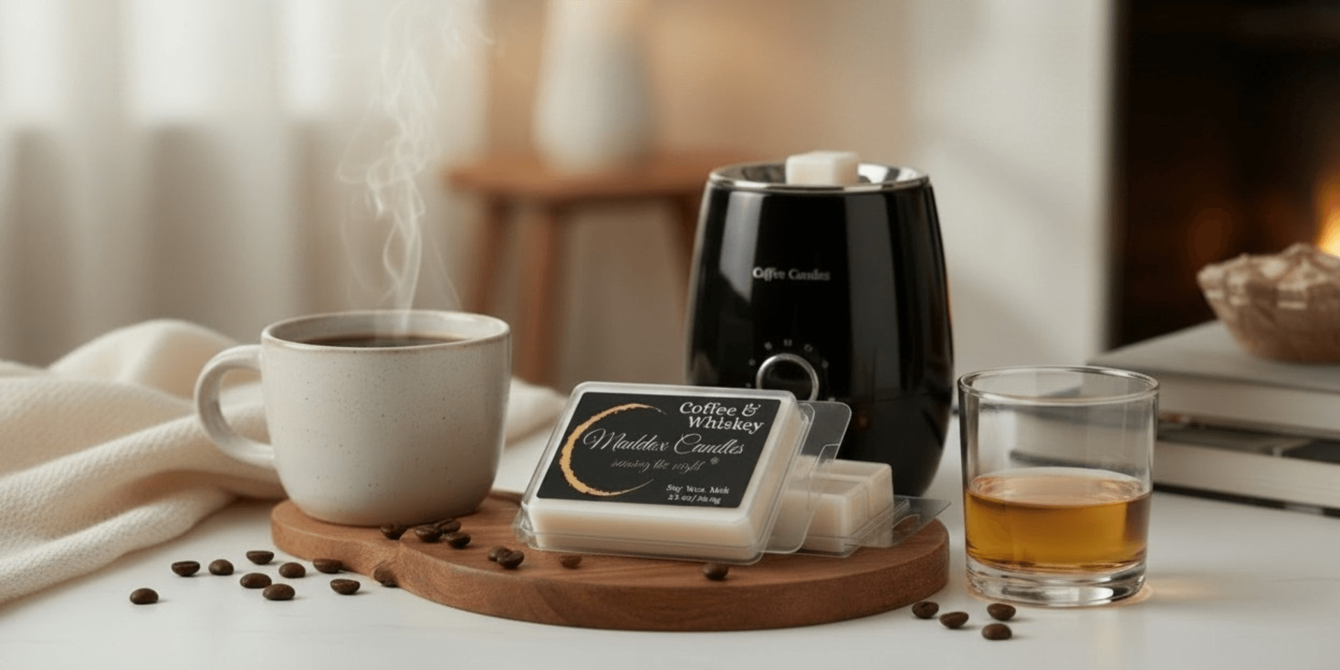 Coffee and whiskey-themed wax melts beside a steaming cup and a glass of whiskey