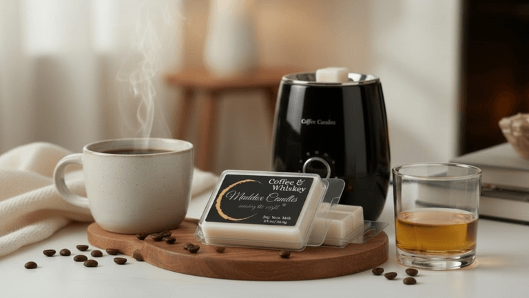 Coffee and whiskey-themed wax melts beside a steaming cup and a glass of whiskey