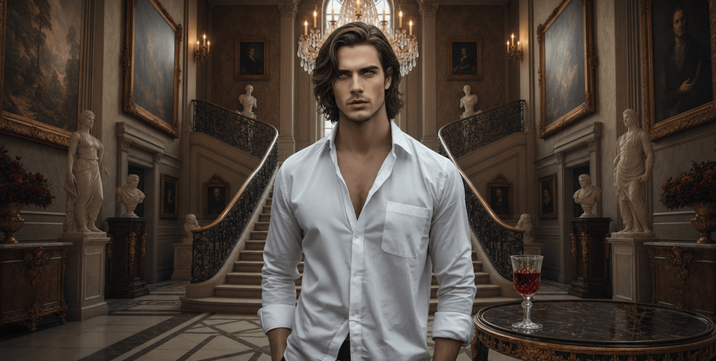 A man in a white shirt stands in an elegant mansion with a grand staircase