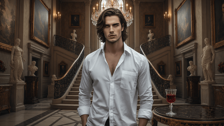 A man in a white shirt stands in an elegant mansion with a grand staircase