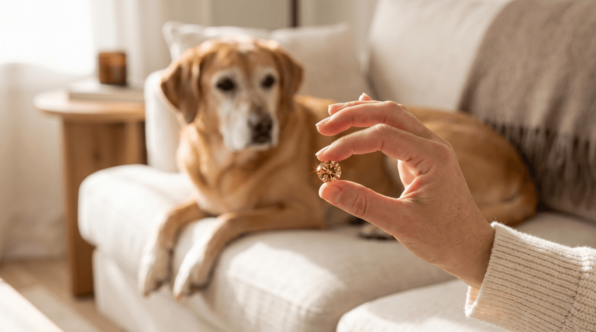 A person holds a small ornament while a dog rests on the couch nearby