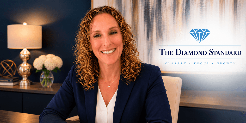 A smiling woman in a suit sitting at a desk with a logo for The Diamond Standard