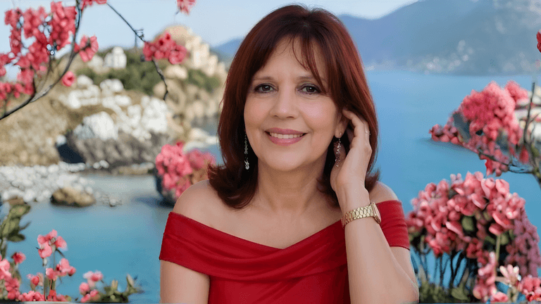 Woman in red off-shoulder dress smiling against a backdrop of flowers and coast.