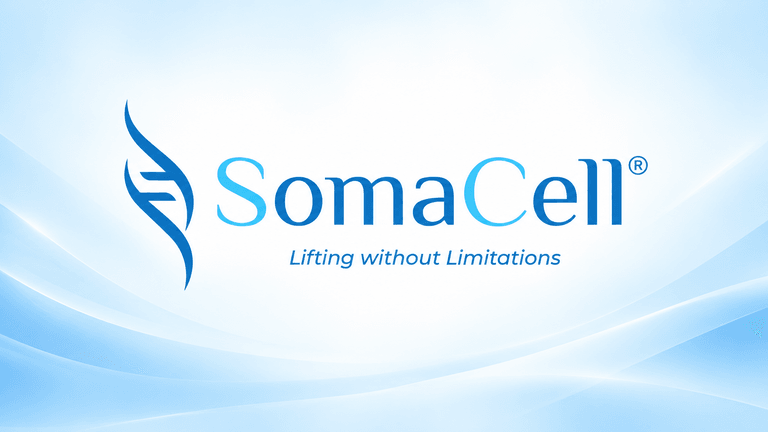 SomaCell logo with blue waves background and tagline "Lifting without Limitations"