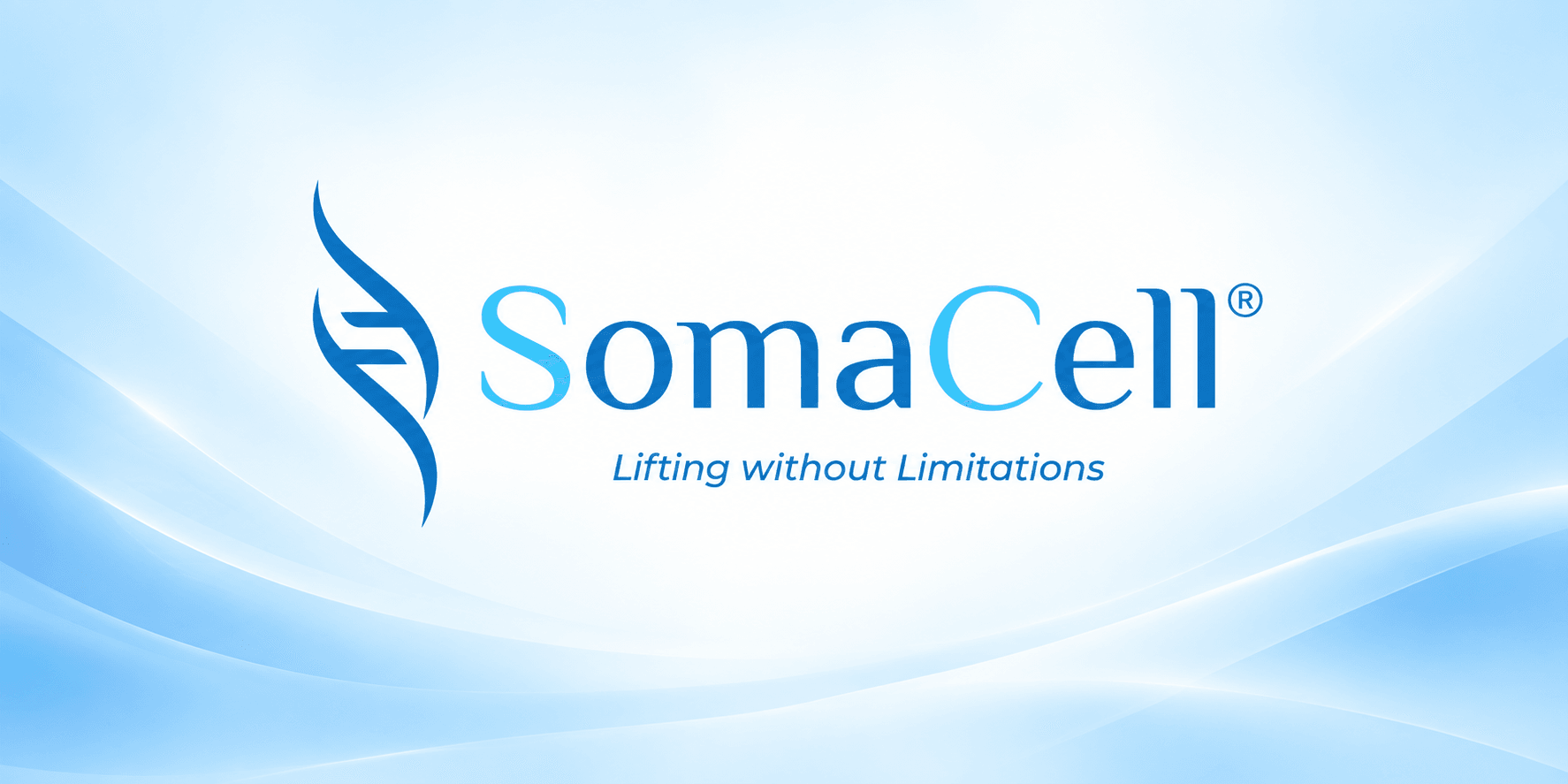 SomaCell logo with blue waves background and tagline "Lifting without Limitations"