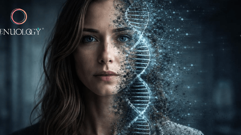 A woman’s face blending with a digital DNA helix on one side