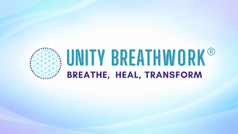 Logo for Unity Breathwork with the tagline "Breathe, Heal, Transform" on a gradient background