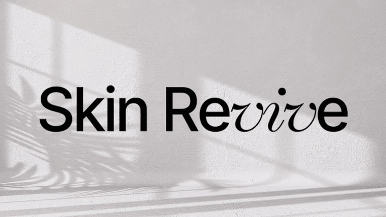 Logo with "Skin Revive" in stylish typography against a textured wall background