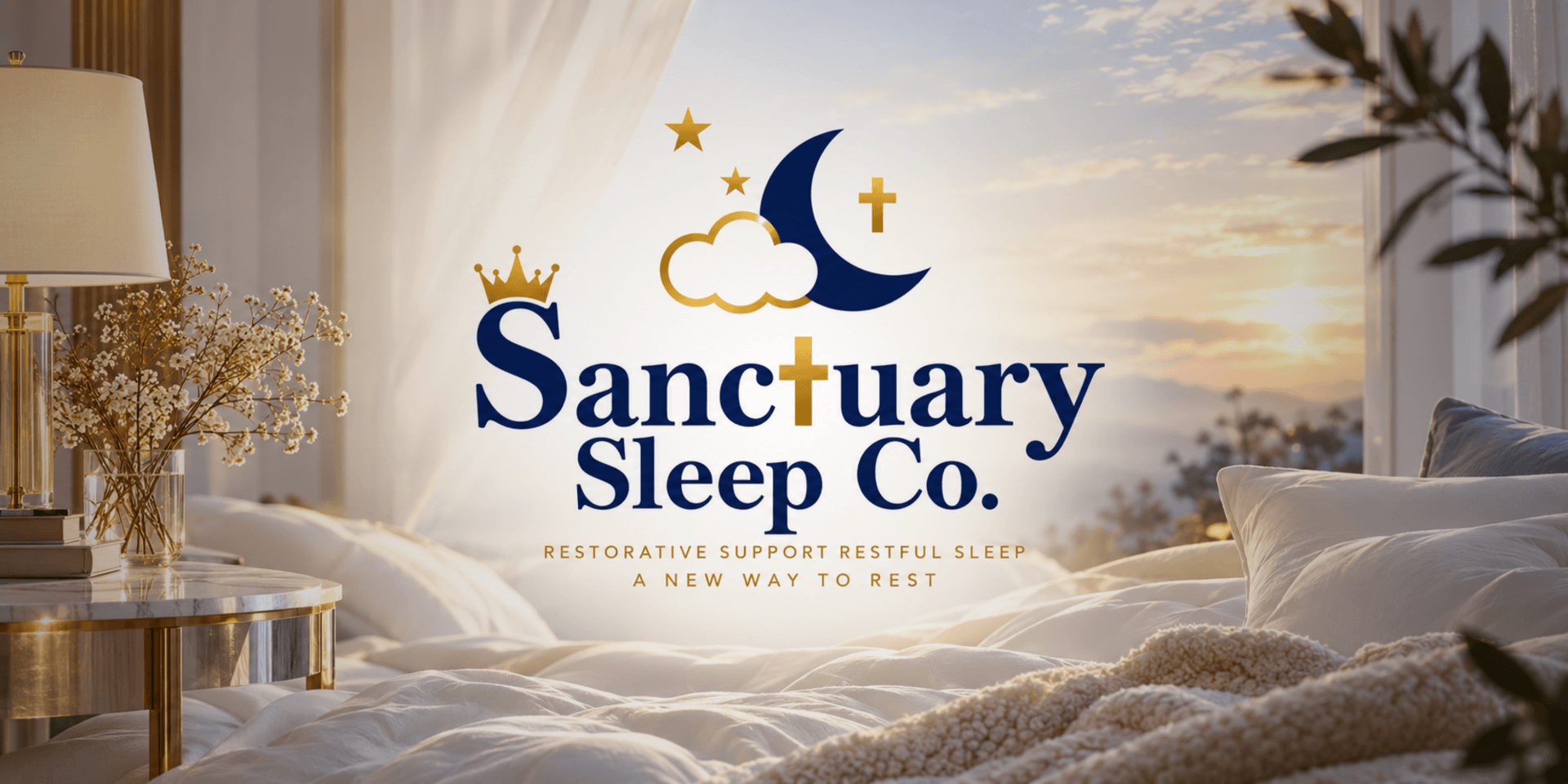 Cozy bedroom scene with a logo for Sanctuary Sleep Co featuring peaceful elements