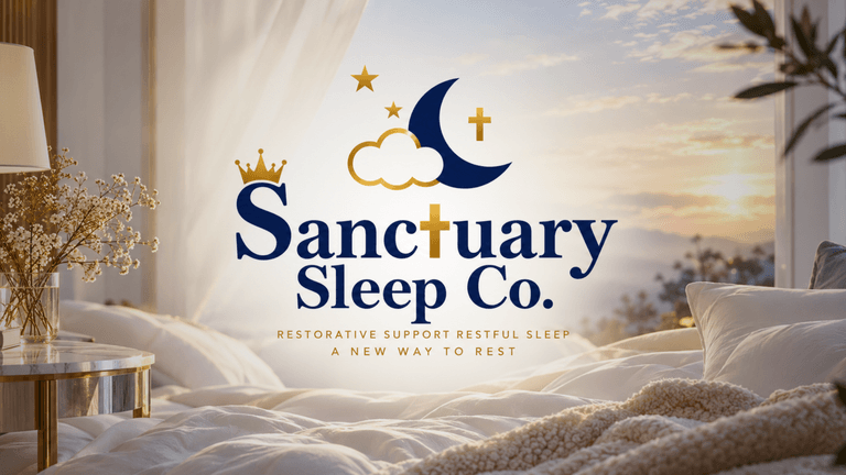 Cozy bedroom scene with a logo for Sanctuary Sleep Co featuring peaceful elements