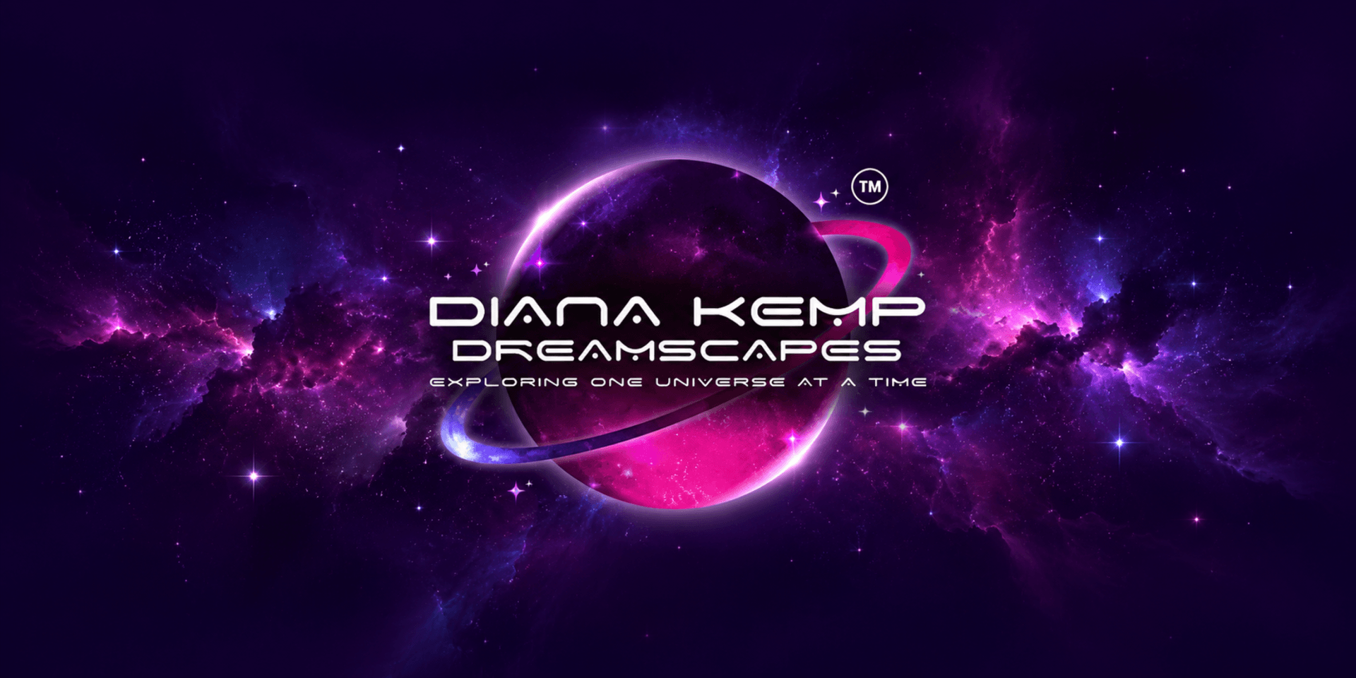 Logo featuring a planet in space with vibrant purple and pink cosmic background