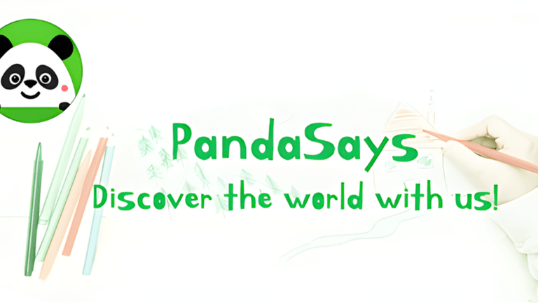 Logo of PandaSays with a cartoon panda and art supplies in a light background