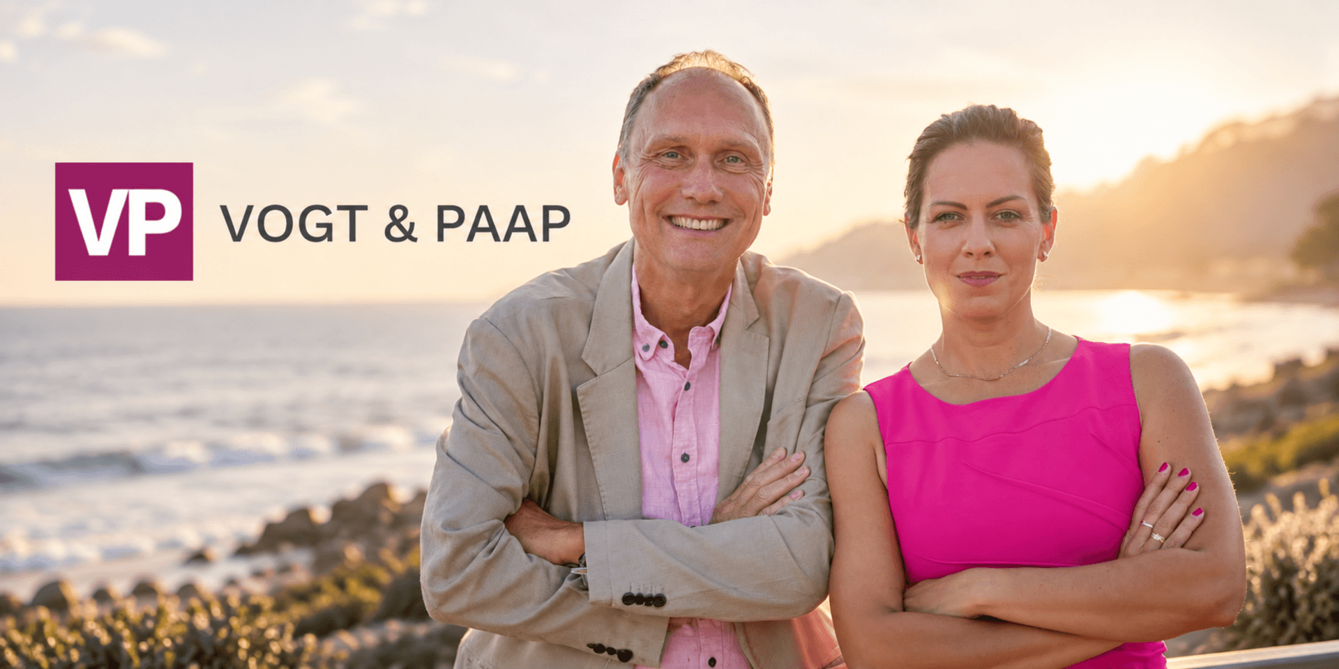 Two professionals standing by the beach at sunset with a logo on the left