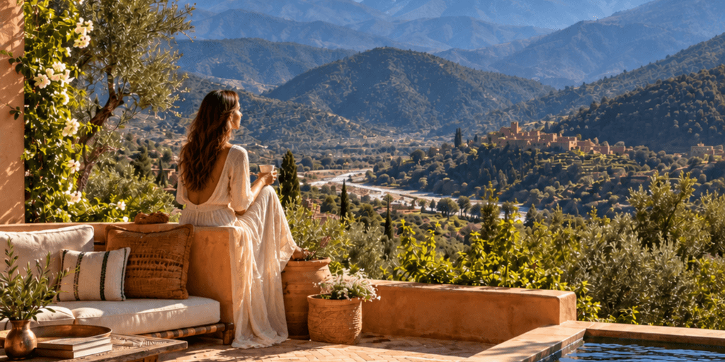 Woman in a flowing dress seated outdoors, overlooking a mountain landscape and valley