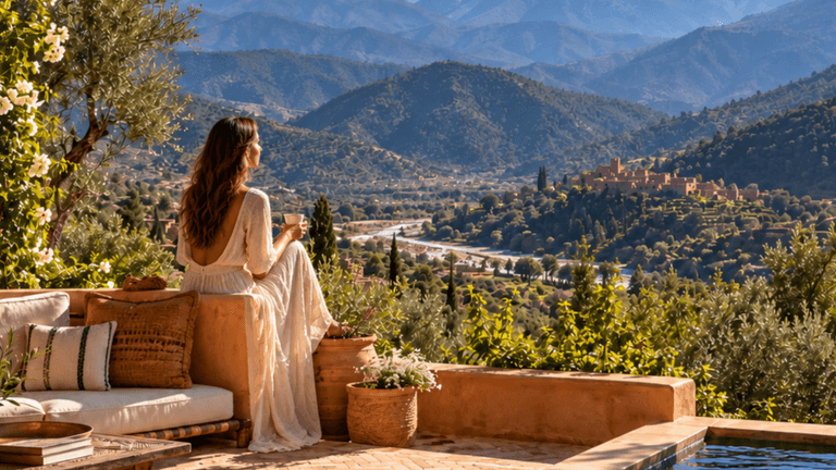 Woman in a flowing dress seated outdoors, overlooking a mountain landscape and valley