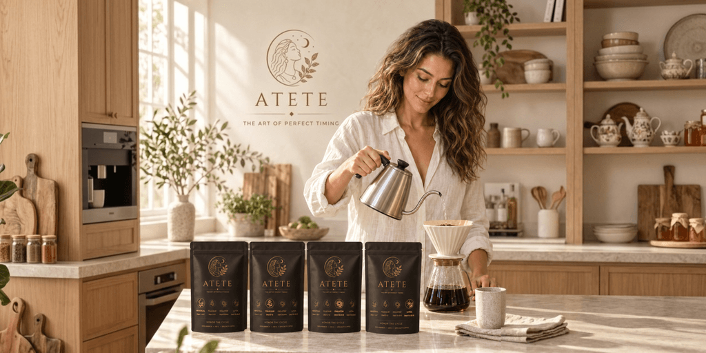Woman brewing coffee in a stylish kitchen with coffee packaging on the counter