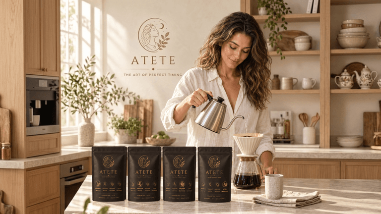 Woman brewing coffee in a stylish kitchen with coffee packaging on the counter