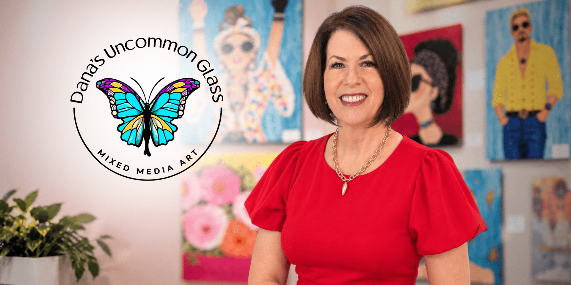 A woman stands in front of colorful artwork with a logo for Dana's Uncommon Glass