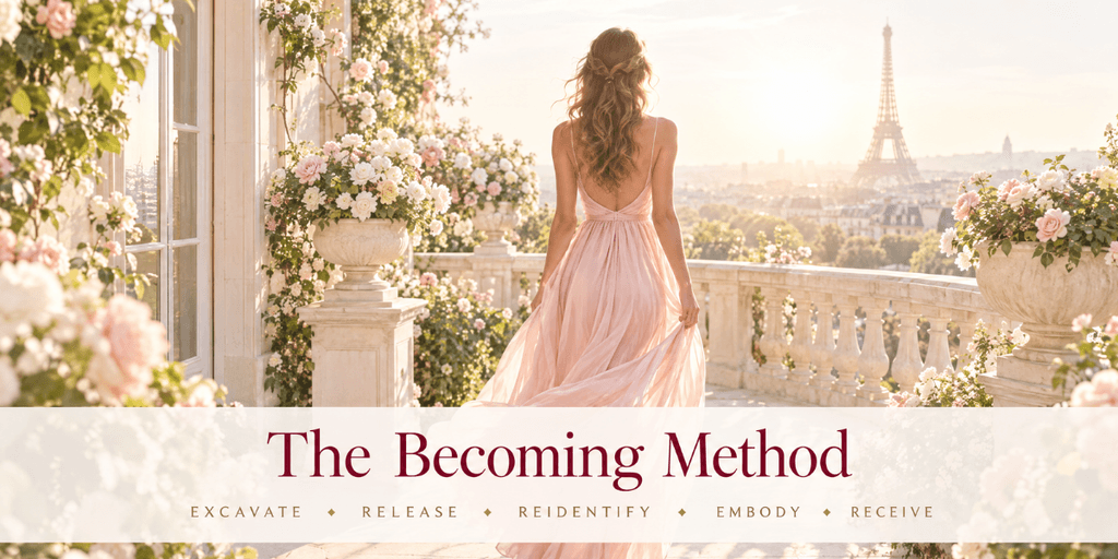 A woman in a flowing pink dress walks on a balcony with floral decorations, overlooking Paris.