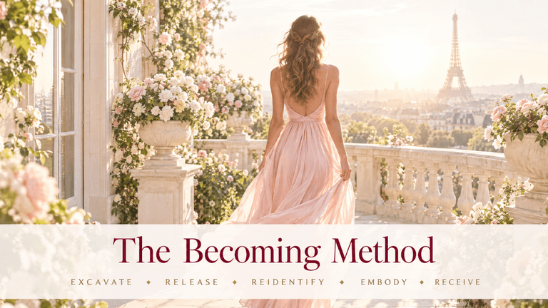 A woman in a flowing pink dress walks on a balcony with floral decorations, overlooking Paris.