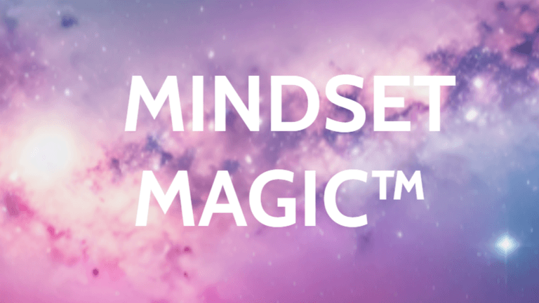Text "MINDSET MAGIC™" over a colorful cosmic background with stars and nebulae