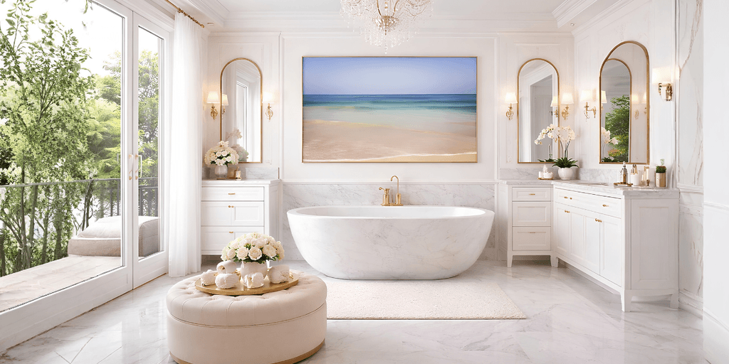 Luxurious bathroom with a freestanding tub, marble finishes, and elegant decor elements
