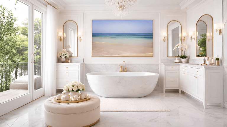 Luxurious bathroom with a freestanding tub, marble finishes, and elegant decor elements